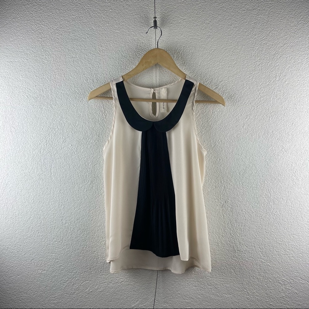 Robin-K l S Ivory Semi-Sheer Contrast Black Peter Pan Collar Pleated Tank Blouse